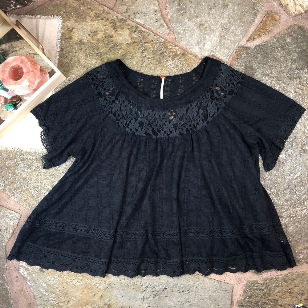 Free People Lace Panel Babydoll Peasant Top Black